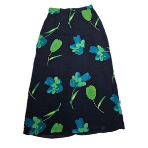 90s boho whimsigoth green floral black maxi skirt with side slit